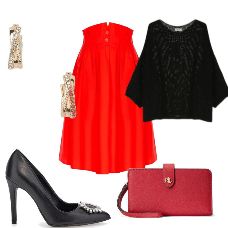 Outfit donna - Chic day to night : gonna rossa. Stile Trendy per Tutti i giorni. Abbinamento con gonne, maglieria, orecchini, pochette, décolleté.