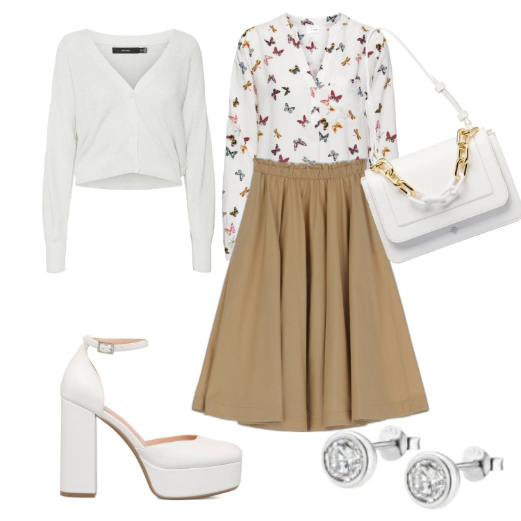 Outfit donna - La camicia con le farfalle. Stile Romantica per Tutti i giorni. Abbinamento con bluse, gonne, cardigans, décolleté, borse a mano, orecchini.