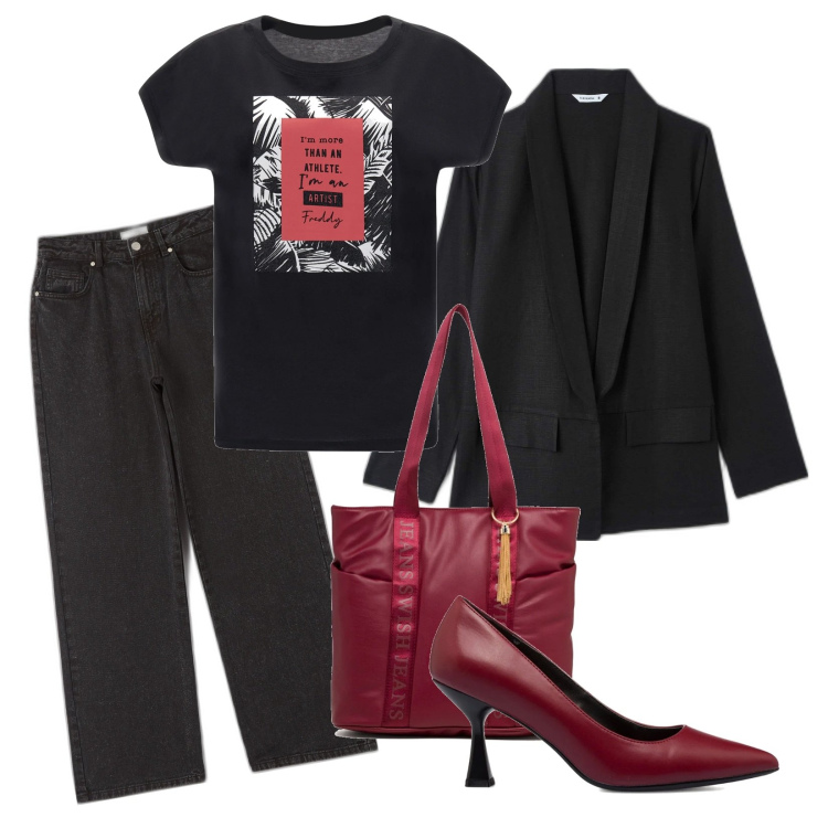 Outfit donna - Un tocco di rosso. Stile Casual chic per Ufficio. Abbinamento con blazer, pantaloni, t-shirt, borse a spalla, décolleté.