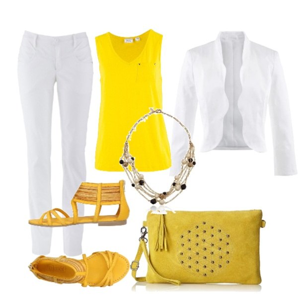 Outfit donna - Basic #15482. Stile Basic per Serata fuori. Abbinamento con pantaloni, blazer, top in maglina filato, sandali con zip e punta tonda tinta unita, shopping bag giallo, collana.