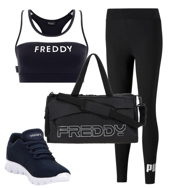 Outfit donna - B & w palestra. Stile Basic per Sport. Abbinamento con borse sportive, sneakers, reggiseni, leggings.