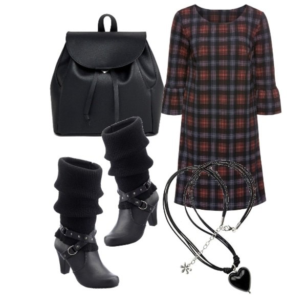 Outfit donna - Urban #7028. Stile Urban per Tutti i giorni. Abbinamento con stivali, vestito con volant, borsa a mano petite, collana in argento 925.