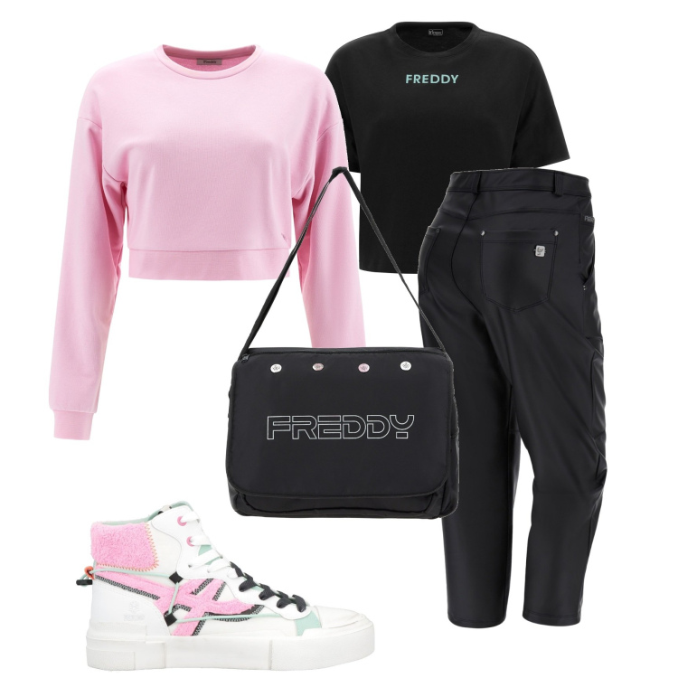 Outfit donna - Freddy fall-winter. Stile Sporty chic per Tutti i giorni. Abbinamento con sneakers, borse messenger, t-shirt, pantaloni capri, felpe.