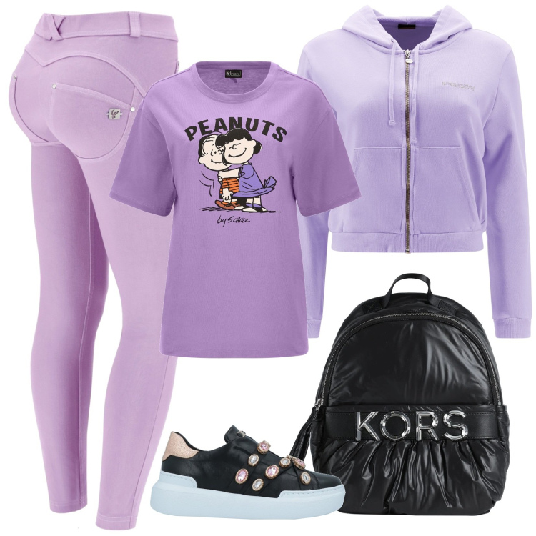 Outfit donna - Autunno colorato con Freddy. Stile Sporty chic per Tutti i giorni. Abbinamento con sneakers, zaini, pantaloni skinny, felpe con cappuccio, t-shirt.