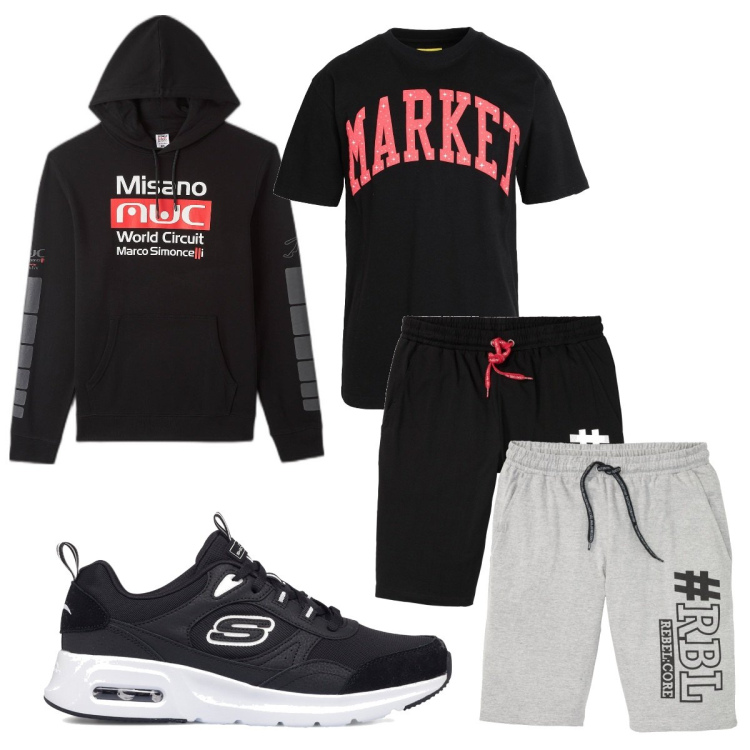 Outfit uomo - Total look #1709569. Stile Trendy per Sport. Abbinamento con bermuda, t-shirt, felpe con cappuccio, sneakers.