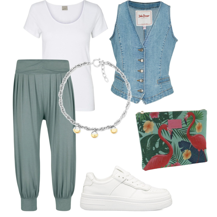Outfit donna - Pantaloni alla turca. Stile Etnico per Tutti i giorni. Abbinamento con gilet, pantaloni, sneakers, t-shirt, collane, pochette.