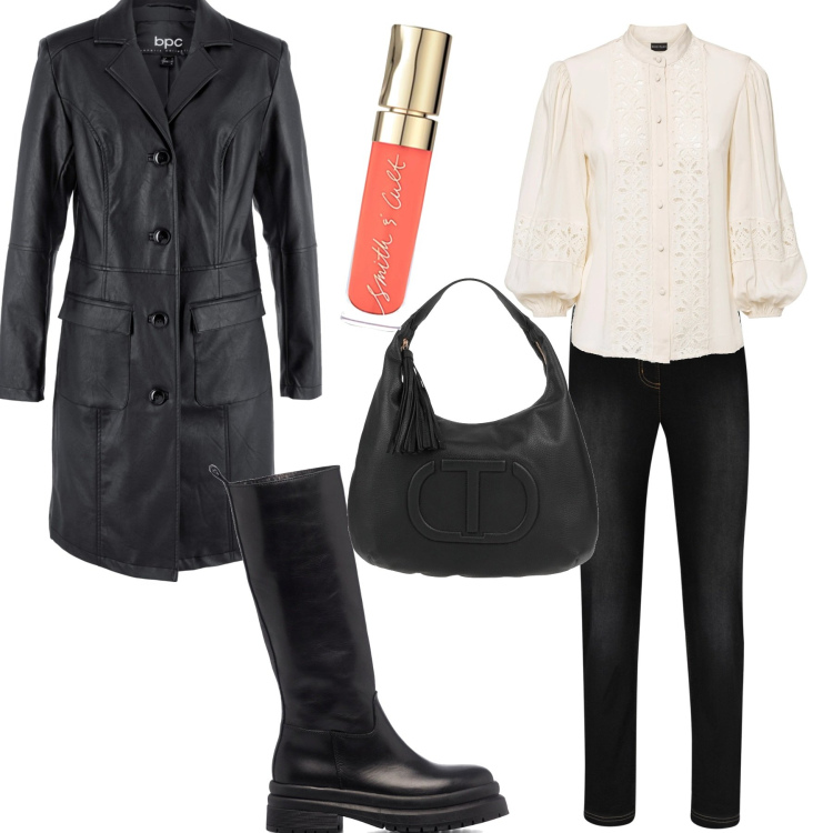 Outfit donna - Giaccone sciancrato. Stile Trendy Abbinamento con camicie, jeggings, blazer, borse a mano, stivali, gloss.
