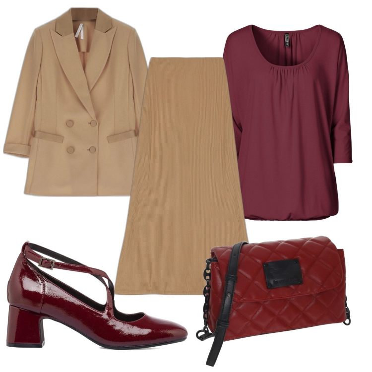 Outfit donna - Total look #1709626. Stile Trendy per Ufficio. Abbinamento con maglieria, giacche, gonne lunghe, décolleté, borse a tracolla.