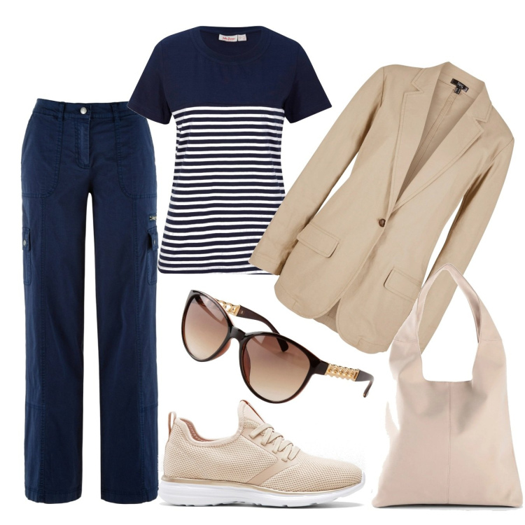 Outfit donna - Rientro in città. Stile Sporty chic per Tutti i giorni. Abbinamento con pantaloni cargo, t-shirt, blazer, sneakers, shopping bag, occhiali da sole.