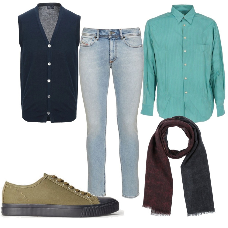 Outfit uomo - Total look #1709728. Stile Casual per Tutti i giorni. Abbinamento con cardigans, camicie, sciarpe, sneakers, jeans.