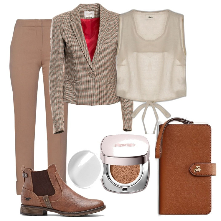 Outfit donna - Senza giacca non si esce. Stile Casual chic per Tutti i giorni. Abbinamento con pantaloni, stivaletti chelsea, top, blazer, pochette, fondotinta.