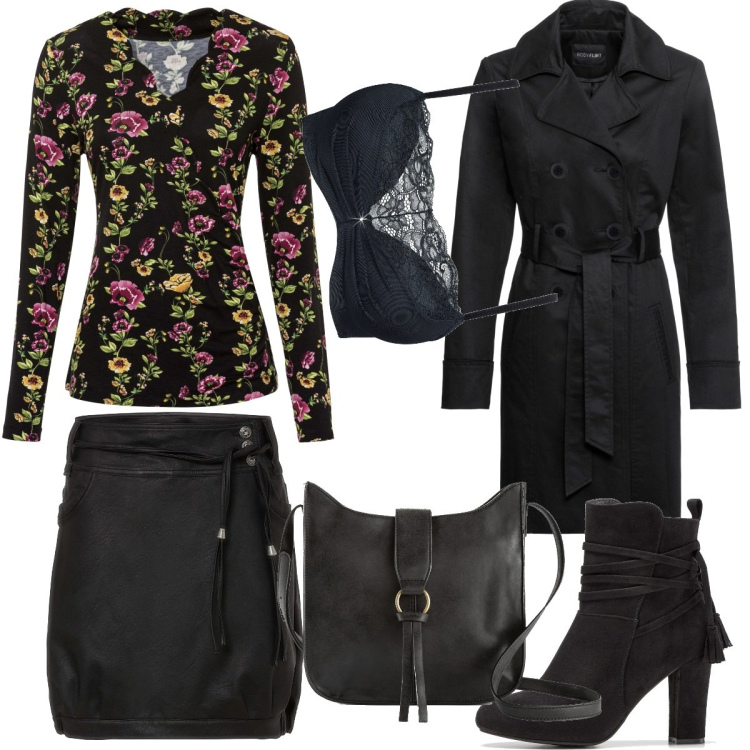 Outfit donna - Total look #1709747. Stile Casual chic per Tutti i giorni. Abbinamento con trench, reggiseni push-up, borse a tracolla, bluse, gonne, stivaletti.