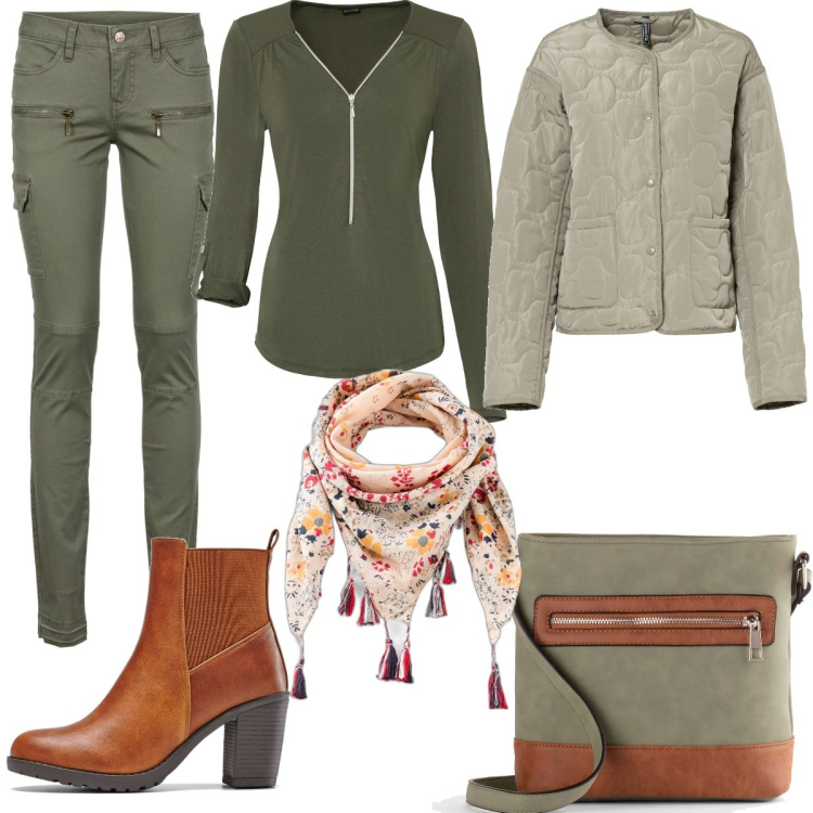 Outfit donna - Total look #1709759. Stile Basic per Tutti i giorni. Abbinamento con pantaloni cargo, maglieria, giacche, stivaletti, borse a tracolla, foulard.