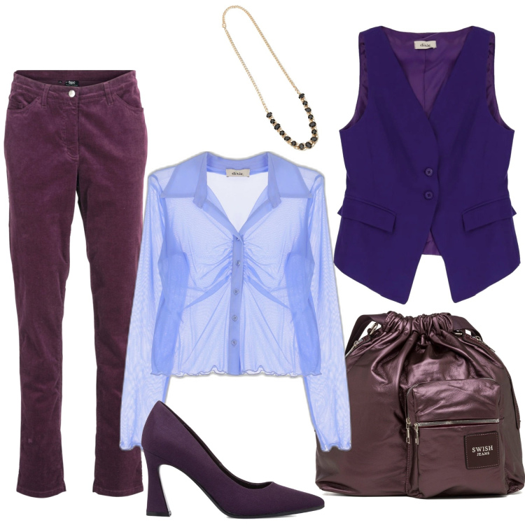Outfit donna - Riscopro il viola scuro. Stile Casual chic per Tutti i giorni. Abbinamento con pantaloni, gilet, collane, camicie, décolleté, borse a spalla.