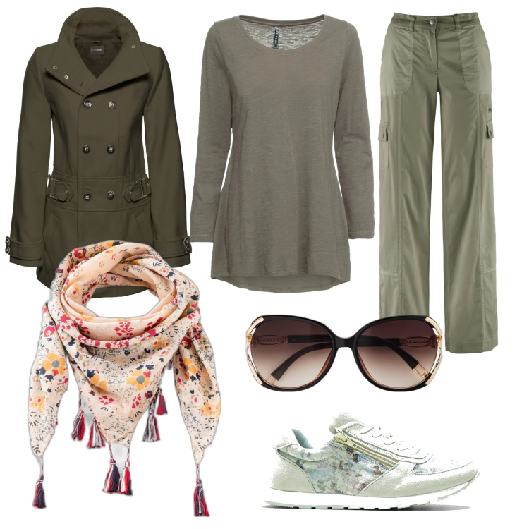 Outfit donna - Verde militare. Stile Military per Tutti i giorni. Abbinamento con pantaloni cargo, maglieria, occhiali da sole, cappotti, sneakers, foulard.