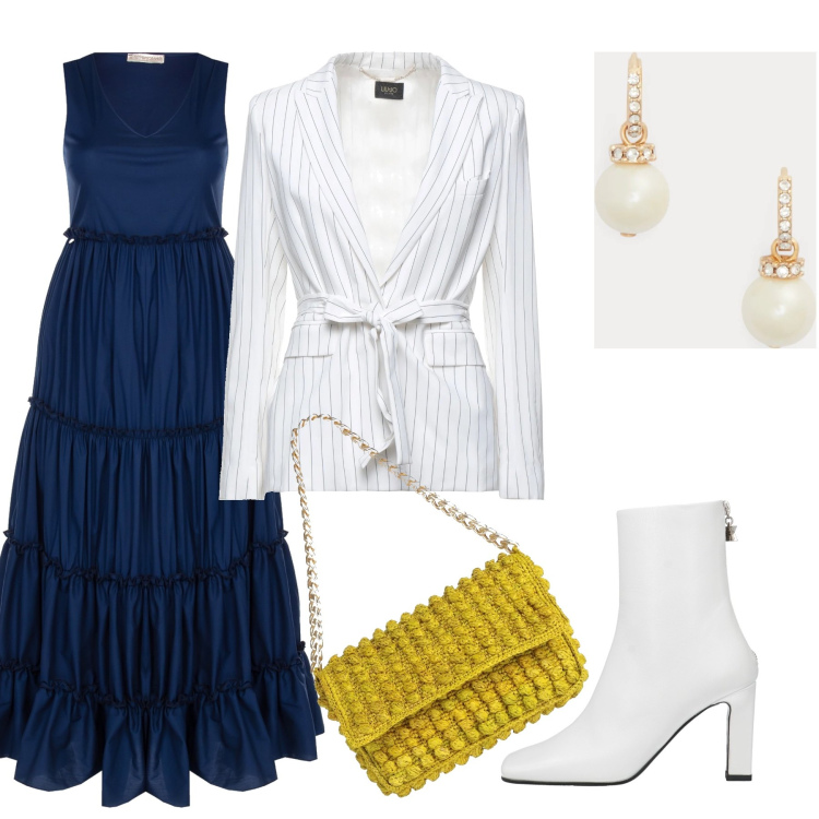 Outfit donna - Cena di settembre. Stile Casual chic per Serata fuori. Abbinamento con blazer, stivaletti, borse a mano, vestiti lunghi, orecchini.