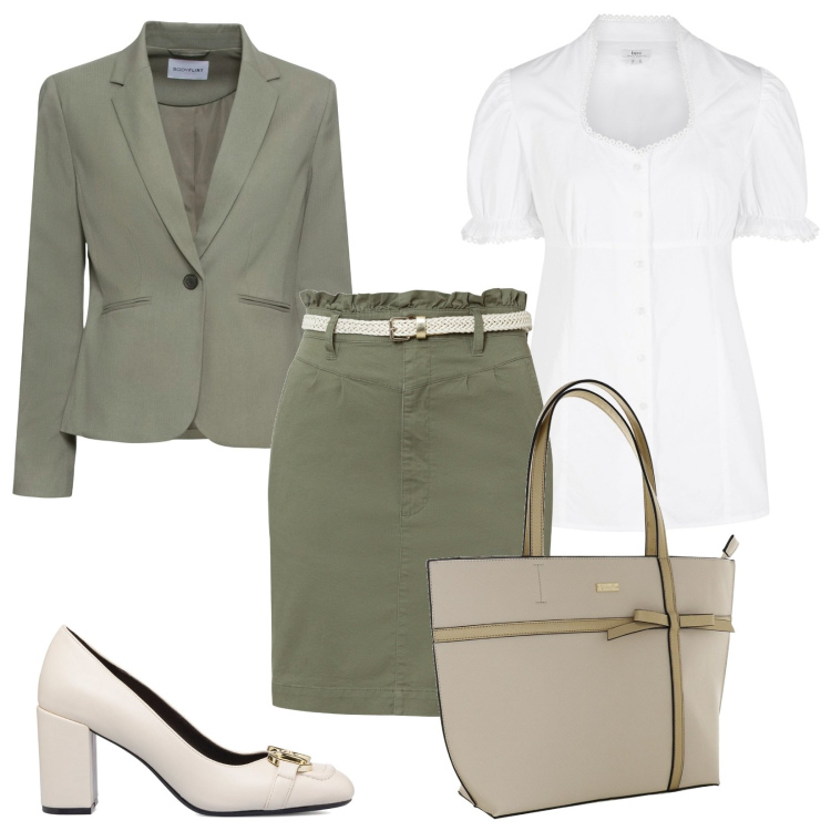 Outfit donna - In ufficio. Stile Casual chic per Ufficio. Abbinamento con blazer, minigonne, camicie, décolleté, shopping bag.