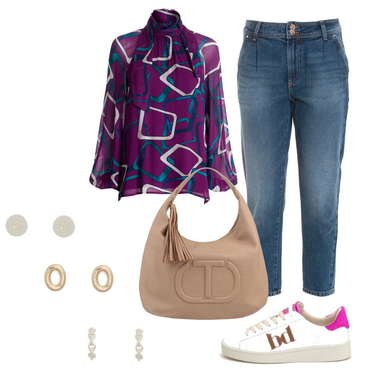 Outfit donna - Mood viola. Stile Casual chic per Ufficio. Abbinamento con borse a mano, bluse, jeans dritti, sneakers, orecchini.