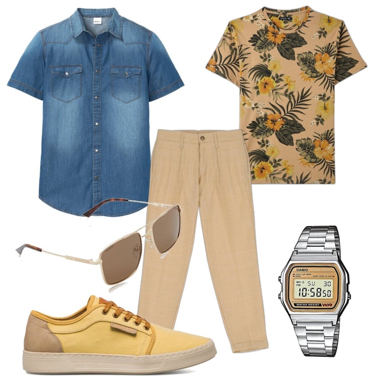 Outfit uomo - Prontissimo. Stile Trendy per Tutti i giorni. Abbinamento con camicie a manica corta, t-shirt, pantaloni, sneakers, orologi digitali, occhiali da sole.