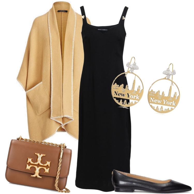 Outfit donna - New York. Stile Bon Ton per Serata fuori. Abbinamento con vestiti midi/longuette, ballerine, cappe, orecchini, borse a spalla.