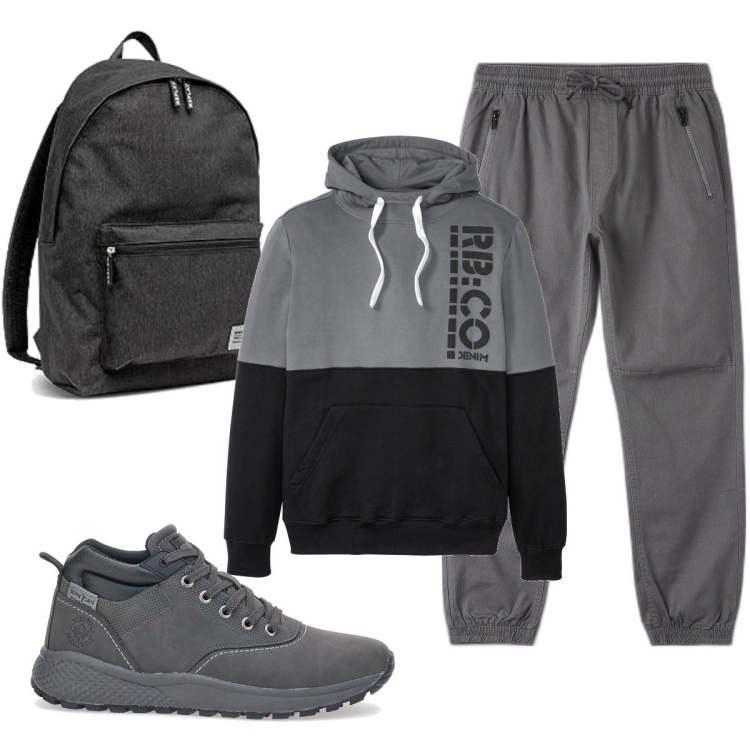 Outfit uomo - RB:CO. Stile Casual per Sport. Abbinamento con felpe con cappuccio, pantaloni, sneakers, borse sportive.