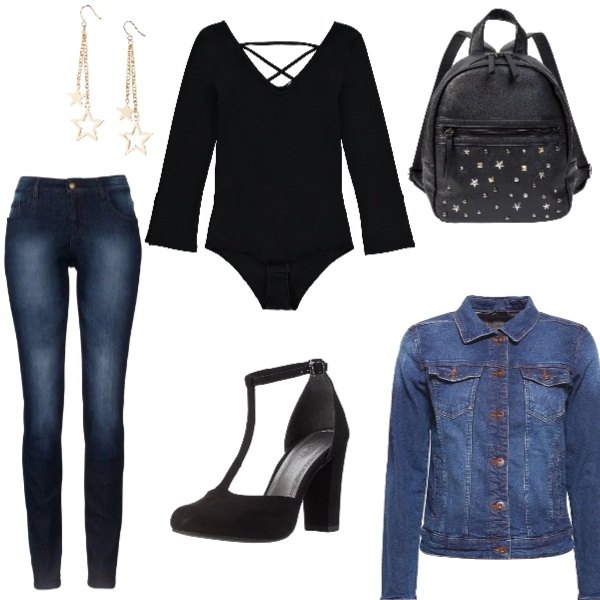 Outfit donna - Serata con le amiche. Stile Basic per Tutti i giorni. Abbinamento con jeans skinny, orecchini oro, zaino con borchie nero, body con spacco e cerchi con scollo a maniche 3/4 con laccetti e bottoni nero, scarpe nero, giacca in denim blu.