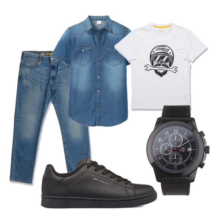 Outfit uomo - Serata al pub. Stile Casual per Serata speciale. Abbinamento con camicie a manica corta, t-shirt, jeans slim fit, sneakers, orologi analogici.