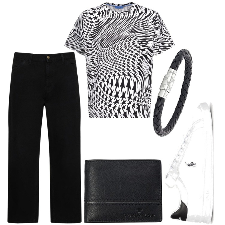 Outfit uomo - Perfetto così. Stile Casual per Serata speciale. Abbinamento con sneakers, t-shirt, pantaloni, braccialetti, portafogli.