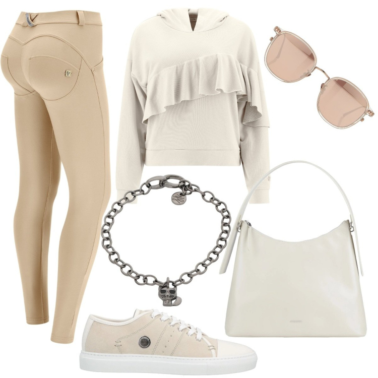 Outfit donna - Total look #1710128. Stile Sporty chic per Tutti i giorni. Abbinamento con sneakers, borse a spalla, braccialetti, occhiali da sole, pantaloni skinny, felpe con cappuccio.