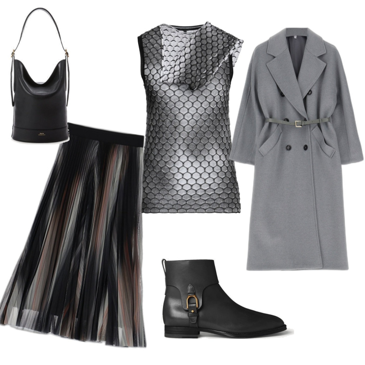 Outfit donna - Total look #1710129. Stile Glamour per Serata fuori. Abbinamento con top, gonne longuette, cappotti, borse a secchiello, stivaletti.