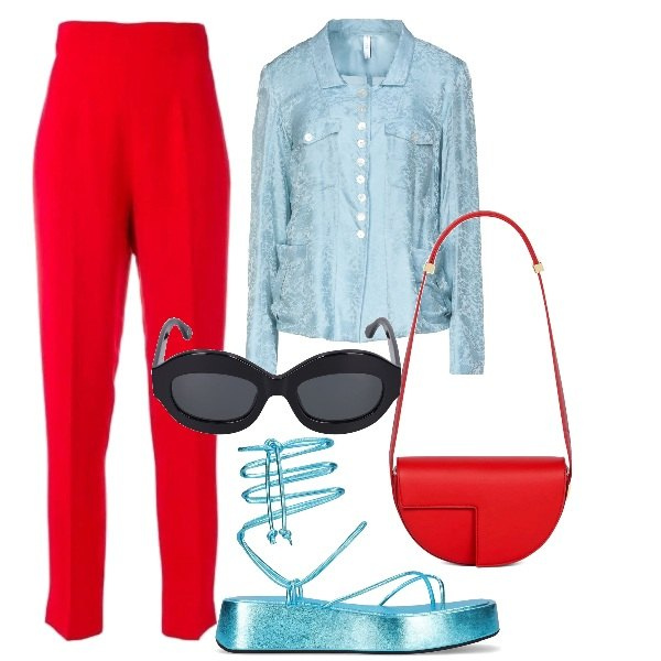 Outfit donna - Pantalone rosso trend d\'autunno. Stile Chic per Tutti i giorni. Abbinamento con camicie, pantaloni, sandali in pelle, occhiali da sole, borse a spalla.