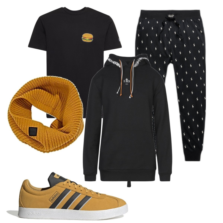 Outfit uomo - Giallonero. Stile Trendy per Tutti i giorni. Abbinamento con felpe con cappuccio, pantaloni, sneakers, t-shirt, sciarpe.