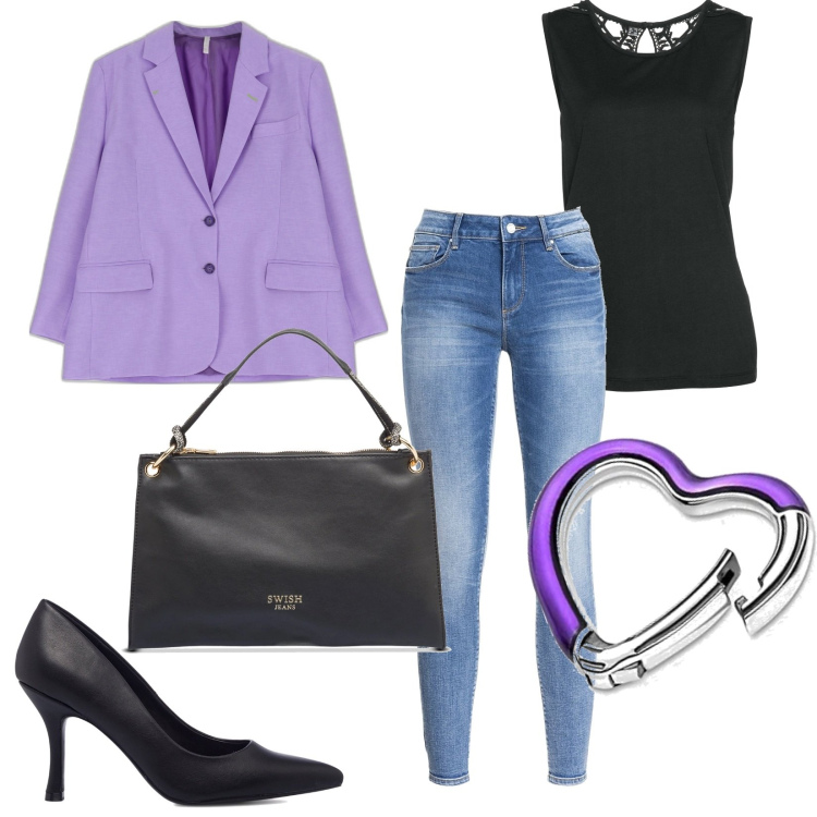 Outfit donna - Tacco jeans e blazer top. Stile Trendy per Serata fuori. Abbinamento con top, giacche, jeans, borse a mano, décolleté, braccialetti.