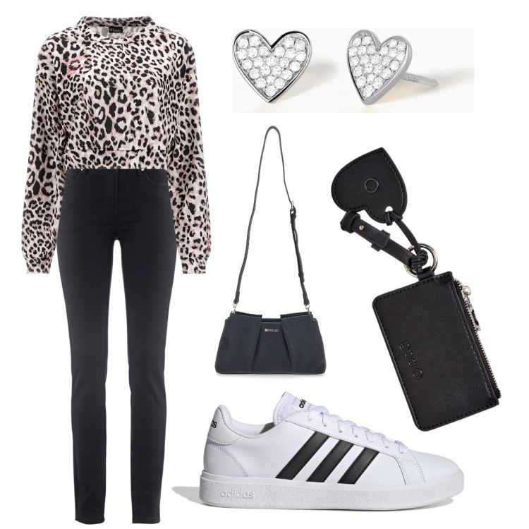 Outfit donna - Total look #1710148. Stile Basic per Tutti i giorni. Abbinamento con jeans slim fit, orecchini, felpe sportive, sneakers, portamonete, borse a tracolla.