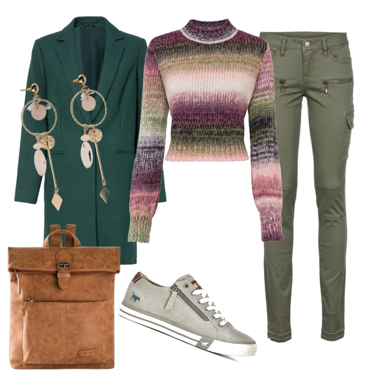 Outfit donna - Emma. Stile Casual per Tutti i giorni. Abbinamento con pantaloni cargo, orecchini, zaini, maglieria, cappotti, sneakers.