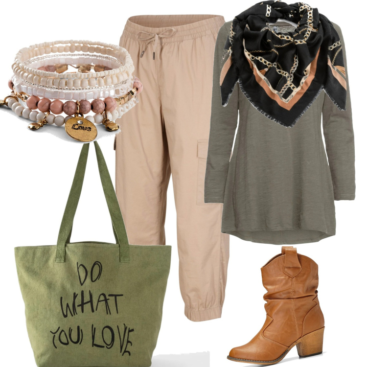 Outfit donna - Utility chic fall. Stile Casual chic per Tutti i giorni. Abbinamento con maglieria, stivaletti texani, braccialetti, pantaloni cargo, foulard, shopping bag.