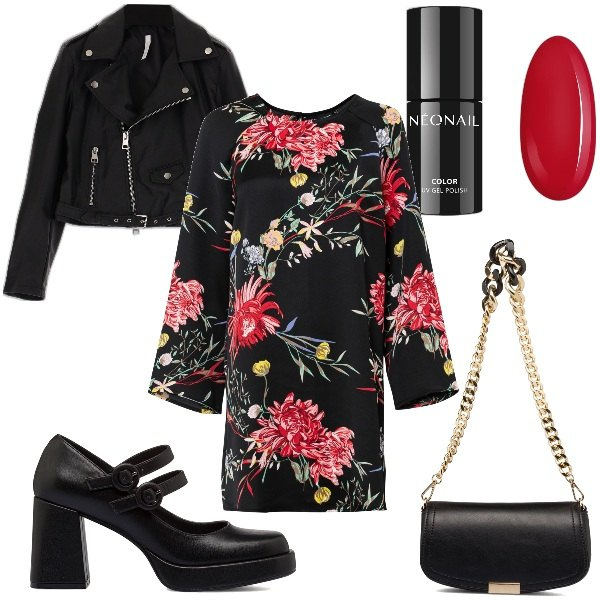 Outfit donna - Décolleté con Plateau e Mini Dress. Stile Trendy per Serata fuori. Abbinamento con vestiti, smalti, giacche, décolleté, borse a tracolla.