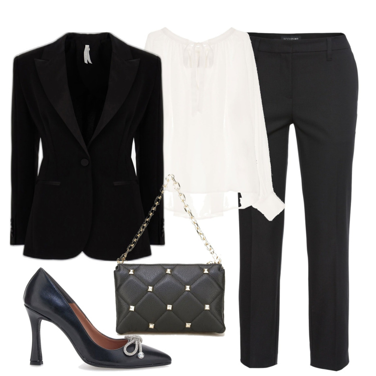 Outfit donna - Elegante. Stile Chic per Serata fuori. Abbinamento con pantaloni, camicie, giacche, pochette, décolleté.