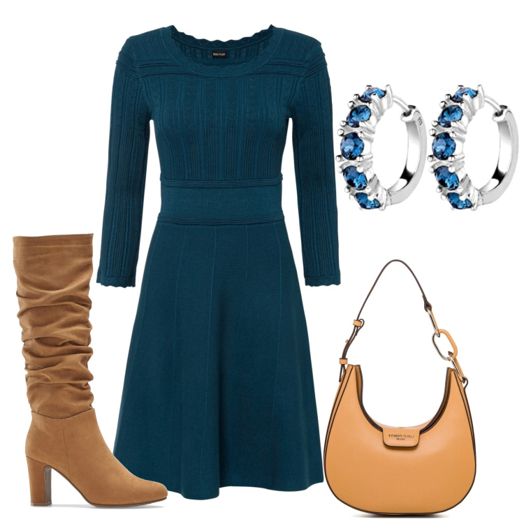 Outfit donna - Total look #1710247. Stile Casual chic per Tutti i giorni. Abbinamento con vestiti, stivali, borse a spalla, orecchini.