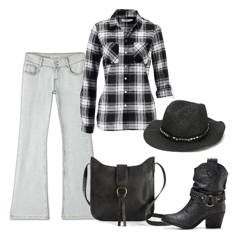 Outfit donna - Total look #1710254. Stile Trendy per Serata fuori. Abbinamento con camicie, borse a tracolla, stivaletti texani, jeans a zampa, cappelli.