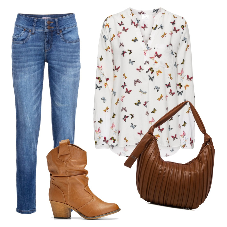 Outfit donna - Settembre. Stile Casual chic per Tutti i giorni. Abbinamento con bluse, jeans mom, stivaletti texani, borse a spalla.