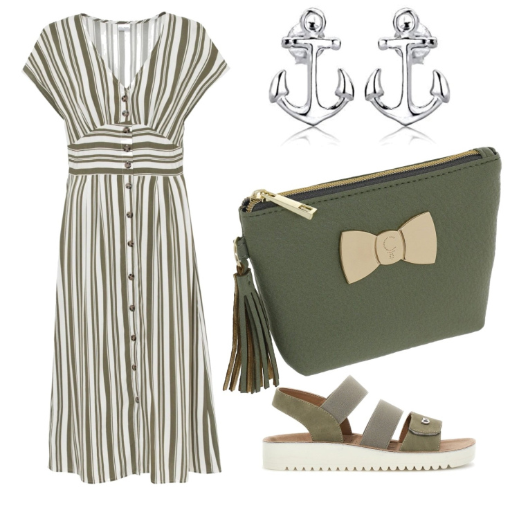 Outfit donna - Total look #1710294. Stile Casual chic per Ufficio. Abbinamento con vestiti, sandali, orecchini, valigie.