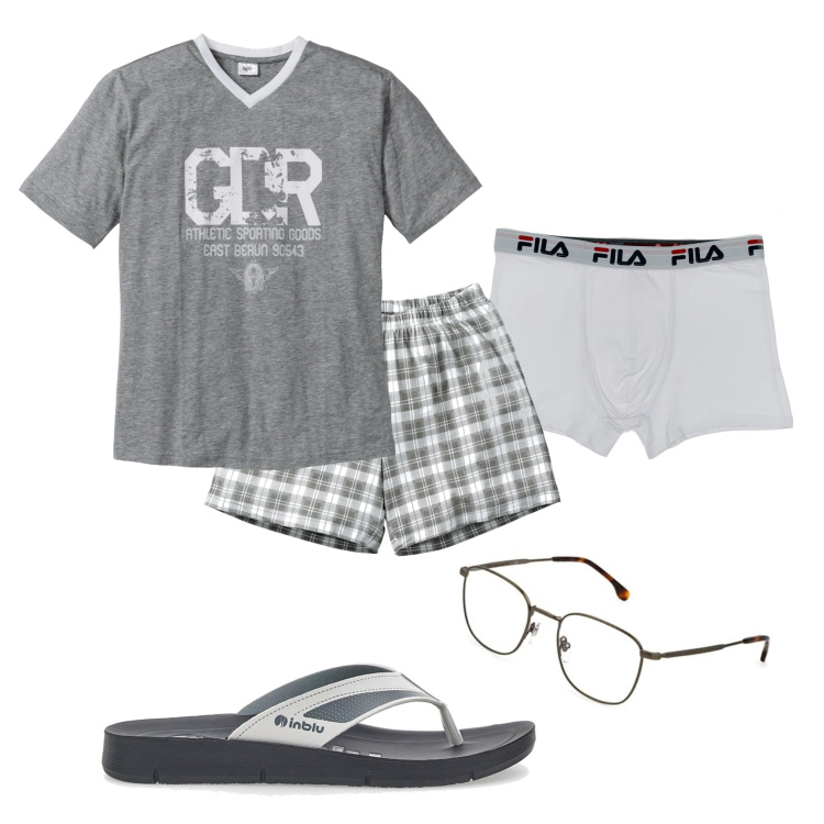 Outfit uomo - Casa e tv. Stile Casual per Tutti i giorni. Abbinamento con abbigliamento da notte, sandali, occhiali da sole, boxer.
