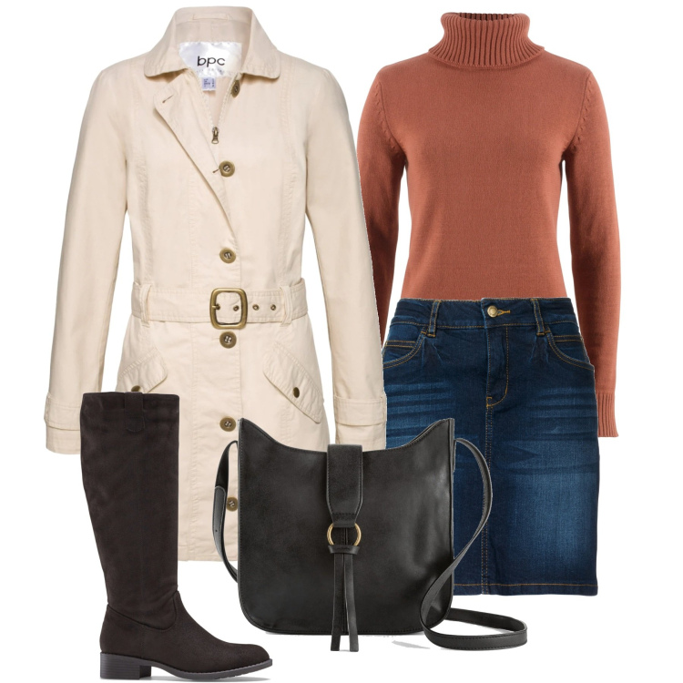 Outfit donna - Autunno col trench. Stile Casual per Tutti i giorni. Abbinamento con gonne, trench, stivali, borse a tracolla, maglieria.