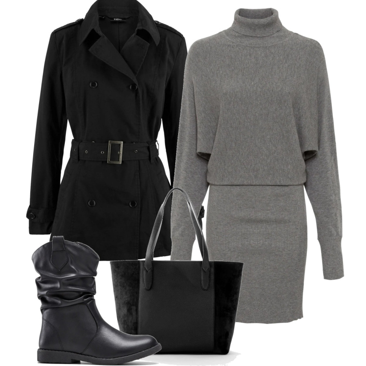 Outfit donna - Bonprix. Stile Casual per Tutti i giorni. Abbinamento con vestiti, shopping bag, trench, stivali.