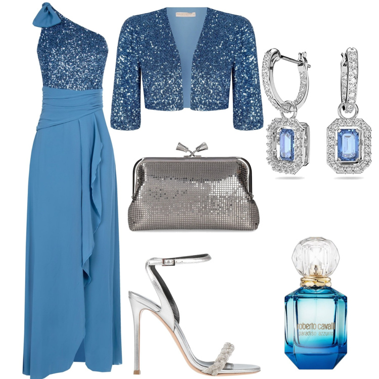 Outfit donna - Matrimonio. Stile Glamour per Cerimonia. Abbinamento con sandali in pelle, profumi, vestiti lunghi, bolero, pochette, orecchini.
