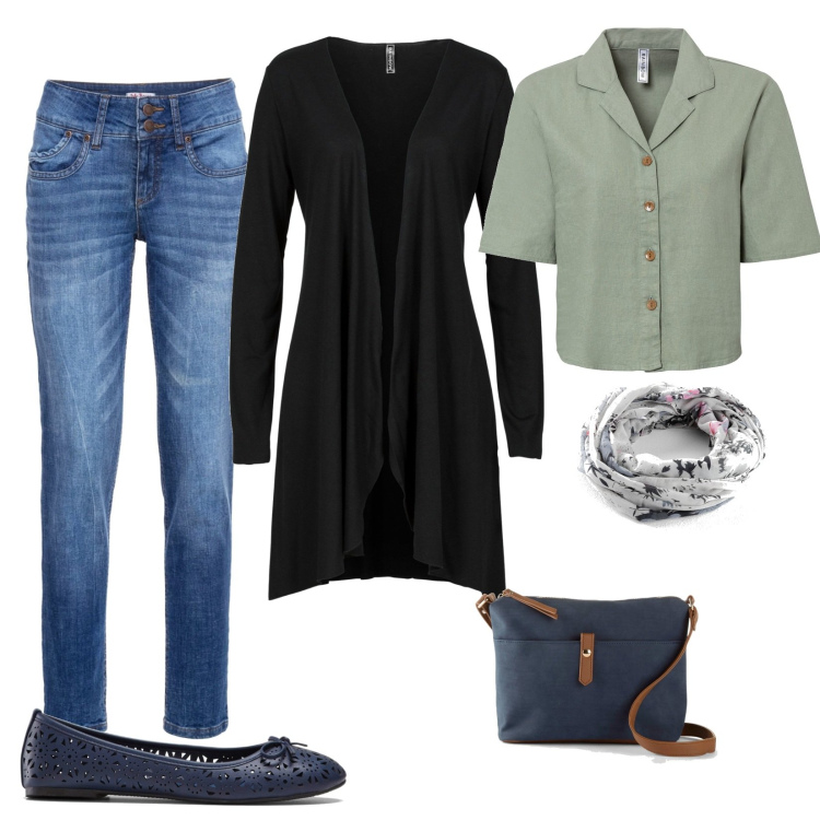Outfit donna - Look Bonprix. Stile Trendy per Tutti i giorni. Abbinamento con jeans mom, cardigans, ballerine, borse a tracolla, camicie, foulard.