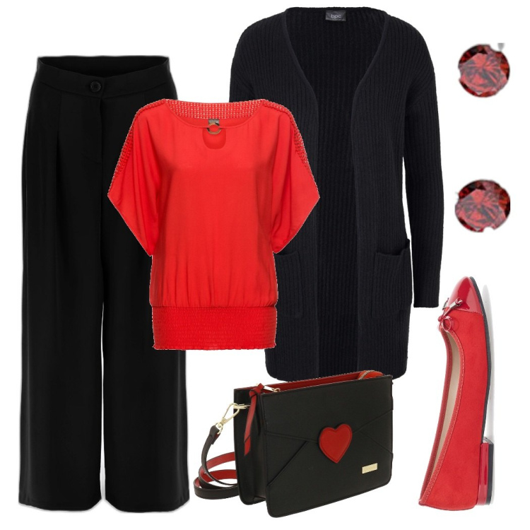 Outfit donna - Rosso nero. Stile Bon Ton per Serata fuori. Abbinamento con bluse, cardigans, pantaloni a palazzo, borse a tracolla, ballerine, orecchini.