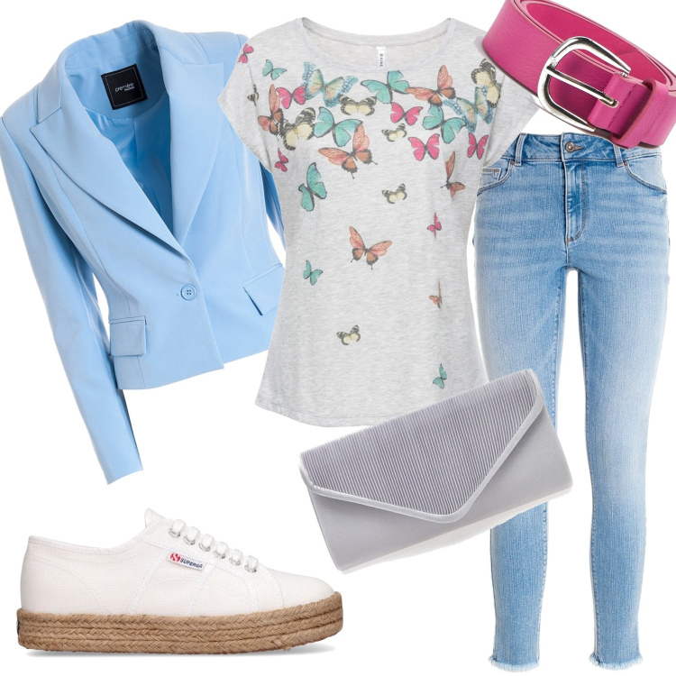 Outfit donna - Prime giornate fresche. Stile Casual per Ufficio. Abbinamento con maglieria, cinture, blazer, jeans skinny, sneakers, pochette.