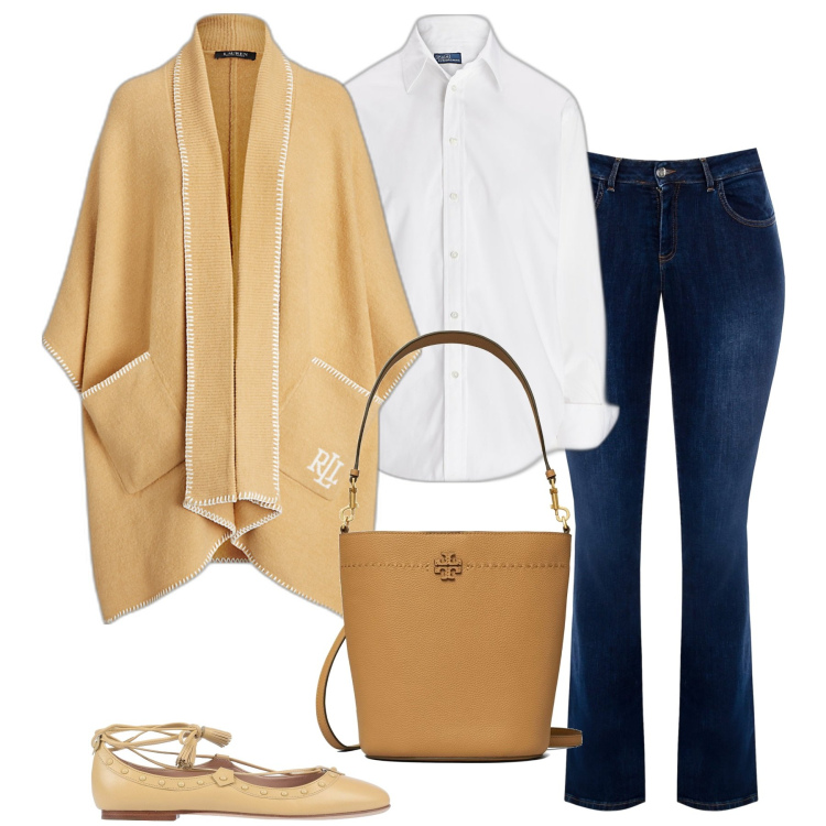 Outfit donna - Curvy. Stile Casual chic per Ufficio. Abbinamento con ballerine, jeans a zampa, camicie, cappe, borse a secchiello.